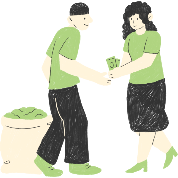 Two people exchanging goods at a marketplace