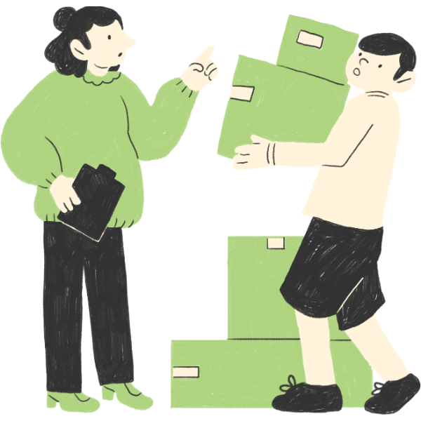 A supervisor guiding a worker moving boxes